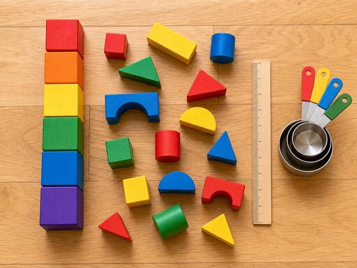 Building blocks, stacking cubes, measuring cups and a ruler for early maths and counting activities
